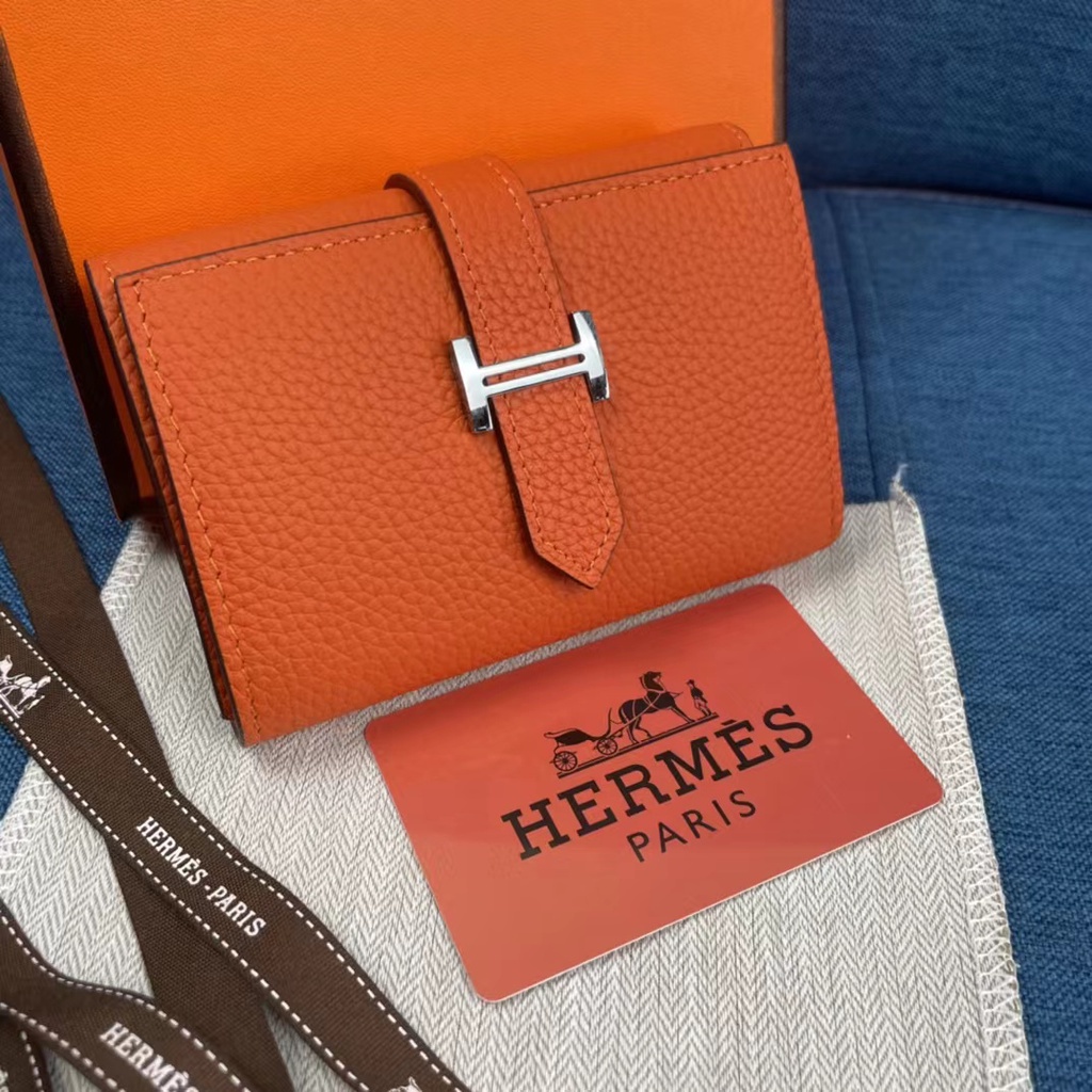 ใหม่ Hermes 0176 กระเป๋าสตางค์หนังแท้ 100% หัวเข็มขัดสีเงิน สีส้ม