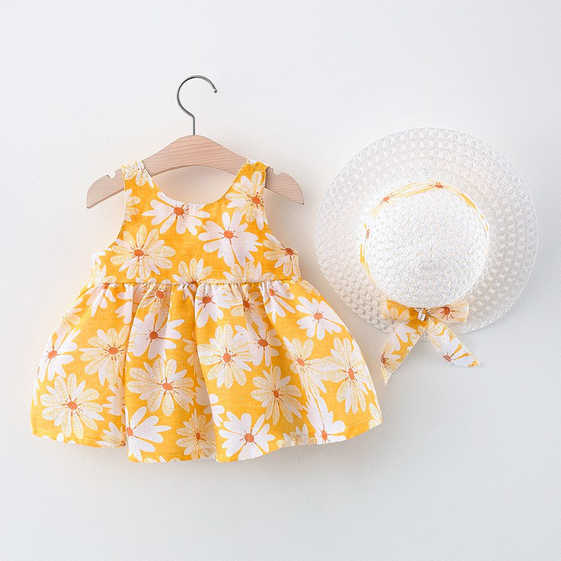 FiFi Baby 2 ชิ้น ชุดกระโปรงเด็ก+หมวก ชุดเด็กผู้หญิงโบว์ ลายดอกเดซี่ ผ้าสีสดใส คิ้วๆ 2สี ไซส์(5เดือน－4 ขวบ)