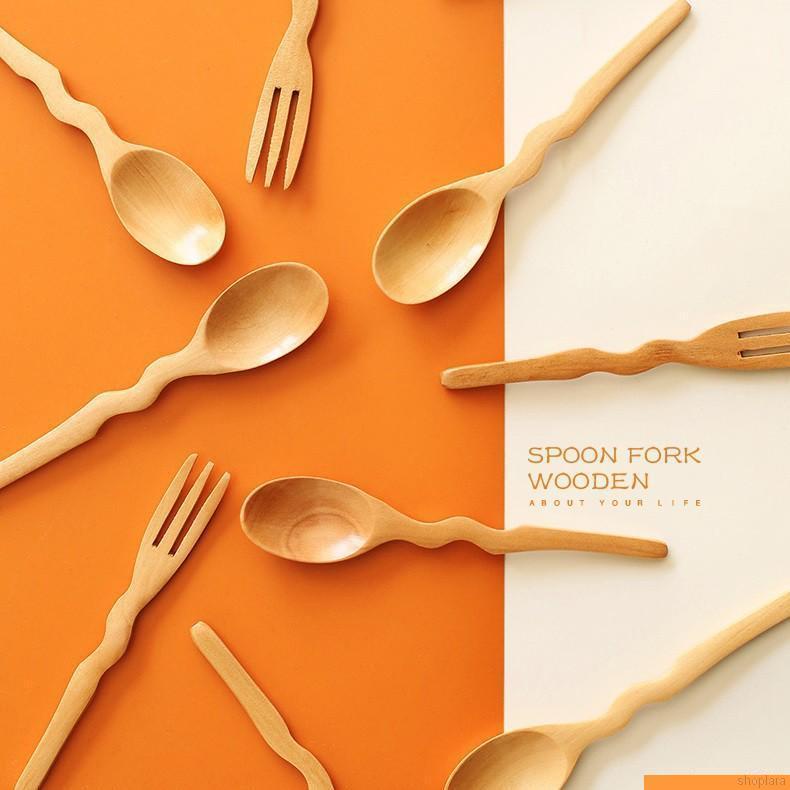 Wooden Spoon Bamboo Fruit Dessert Fork Kitchen Cooking Utensil Tool Soup Teaspoon Catering Tableware