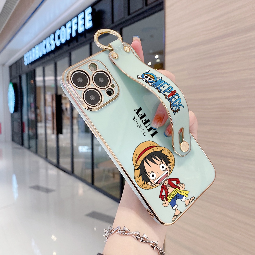 IPhone 13 12 Pro MAX Mini เคสไอโฟน สำหรับ Case Anime Hat Luffy เคส เคสโทรศัพท์ เคสมือถือ Wrist Strap Casing Full Cover Soft Electroplating TPU Cases #8