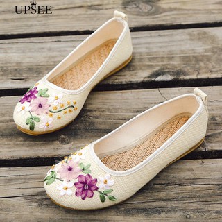 * ปัก Vintage ปักดอกไม้รอบรองเท้า Toe รองเท้า Loafers Ballerina