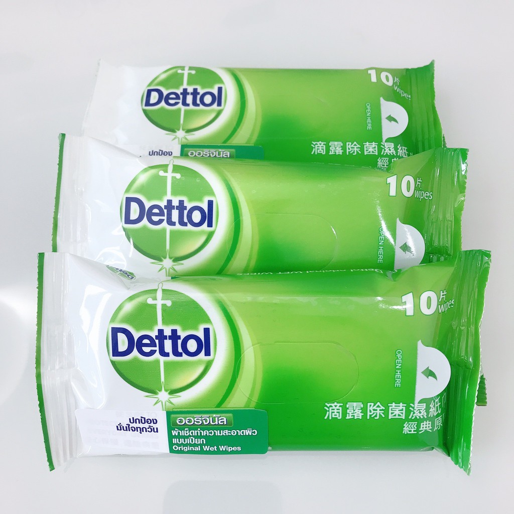 พร้อมส่ง Dettol เดทตอลผ้าเปียก (สูตรขายร้านยา) แอนตี้แบคทีเรีย แบบพกพา จำนวน 10 แผ่น/ห่อ