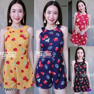 Jumpsuit จั๊มสูทแขนกุดไหล่ล้ำ เนื้อผ้าวูลเวฟลายสตรอเบอร์รี่
