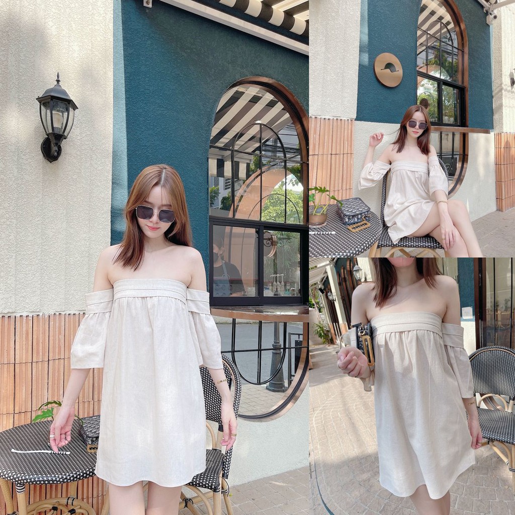 ครีม/ฟ้า/มิ้นท์/ชมพูพีช/เขียวน้ำตาล 🌴 SLYQ GENEVA OFF SHOULDER LINEN DRESS เดรสสั้นปาดไหล่ ดีเทลจีบช