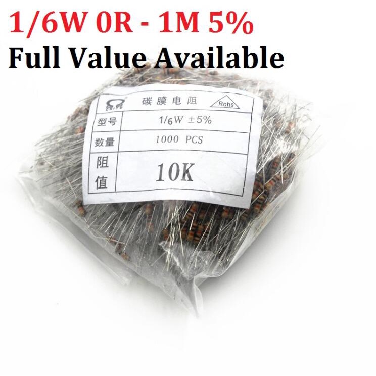 1000pcs 1/6W ตัวต้านทานฟิล์มคาร์บอน 1R 1M 10K ohm 10K 4.7k 2.2K 1K 100K 1/8W โลหะ 3/5/6/7/8/9.1.3.4.