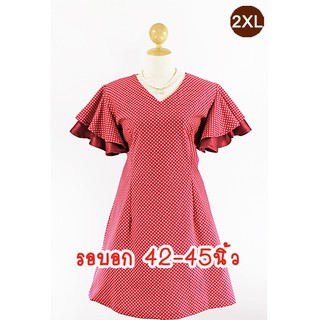 E2237-1-2XL-ชุดเดรสคนอ้วน สีแดงลายจุด(Polka dot) ผ้าแคนวาส แขนระบาย2ชั้น กระโปรงทรงเอ