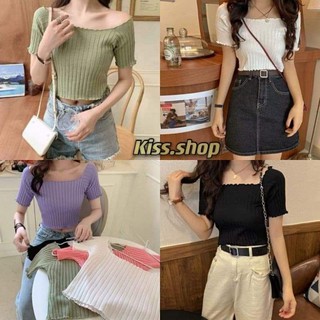 Kiss.shop🌟พร้อมส่ง🌟เสื้อแขนสั้น ปาดไหล่ ผ้าร่องน่ารักสไตล์เกาหลี (YI) แขนสั้นปาดไหล่