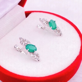 N6408 ต่างหูพลอยโมราแท้ ( Chrysoprase ) แบบอิงลิชล็อค ตัวเรือนเงินแท้ 925 ชุบทองคำขาว