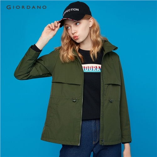 GIORDANO WOMEN Solid banded-waist hooded jacket 05379674