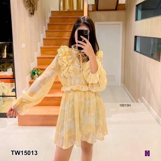 TW15013 Dress เดรสชีฟองแขนยาว อกระบาย สานเชือก มีซับใน เอวสม็อค