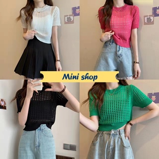 Mini shop🌸พร้อมส่ง🌸(99025/99025-1-C)  เสื้อถักไหมพรมแขนสั้น ซีทรูเบาๆสไตล์เกาหลีมาก