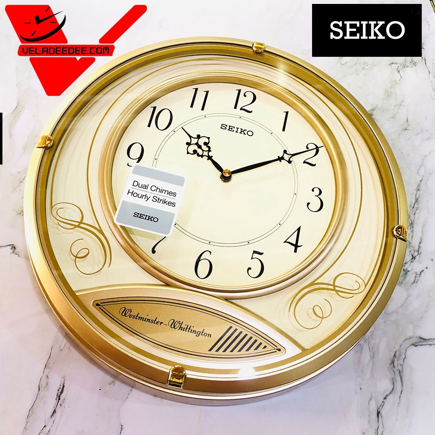 นาฬิกาแขวน Seiko นาฬิกาแขวนมีเสียงเตือนทุก 15 นาที แนววินเทจ ขนาดความกว้าง 14 นิ้ว รุ่น QXD213G สีทอง