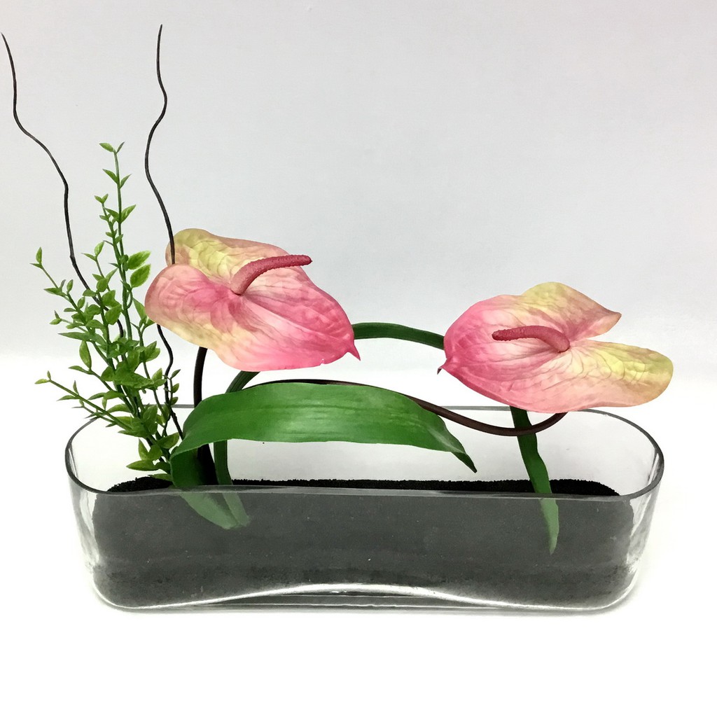 OrientalFineArt แจกันดอกไม้ประดิษฐ์ ดอกหน้าวัวพร้อมแก้ว Artificial Anthurium with Glass (GCR-6199-N Pink)