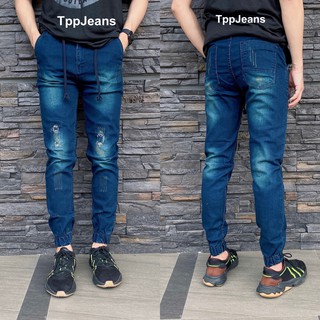 JEANSEXPRESS Jogger Jeans กางเกงยีนส์จ้อกเกอร์ขาจั้ม สีบลูฟอกสนิมแต่งขาด เป้าซิปเอวยางมีเชือก ทรงสลิม Size 28-36