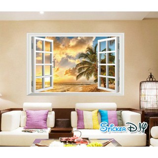 Transparent wall sticker สติ๊กเกอร์ติดผนัง 3D ชายหาดพระอาทิตย์ตก (กว้าง85cm.xสูง57cm.)