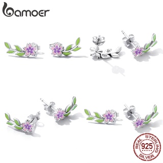 Bamoer ต่างหูเงิน 925 ลายดอกไม้ ใบไม้สีเขียว ของขวัญสําหรับผู้หญิง SCE1391 (1 คู่)