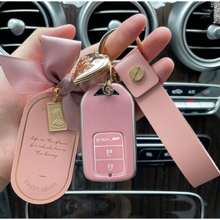 เคสรีกุญแจโมทรถยนต์ Honda ซิลิโคน TPU นิ่มแบบด้านสีชมพู แบบ 3 ปุ่ม พร้อมสายคล้องน้องโบว์