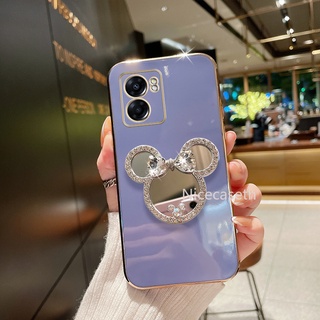 New เคส OPPO Find X5 Pro A77 5G A57 A96 A76 4G เคสโทรศัพท Protective Casing Electroplating Soft TPU Phone Case with Cute Mickey Mirror Holder Stand Phone Cover