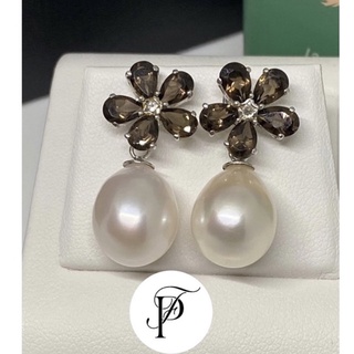 Freshwater Pearl and Smoky Quartz Earring 💖✨ ต่างหูมุกทรงหยดน้ำตัวเรือนประดับด้วยพลอยสโมคกี้ควอตซ์ทรงดอกไม้ สวยหวานค่ะ😊💓