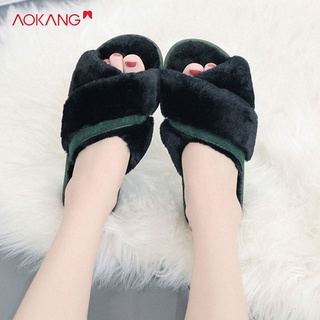AOKANG รองเท้าแตะแบบสวมไขว้ของผู้หญิงในฤดูใบไม้ร่วงปิดกั้นสีฤดูหนาวในร่มตุ๊กตาพื้นลากรองเท้าแตะผ้าฝ้ายลากเปิดนิ้วเท้าคำเดียว