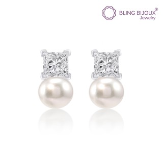 Bling Bijoux ต่างหูเงินแท้ เพชร สี่เหลี่ยม และ ไข่มุก