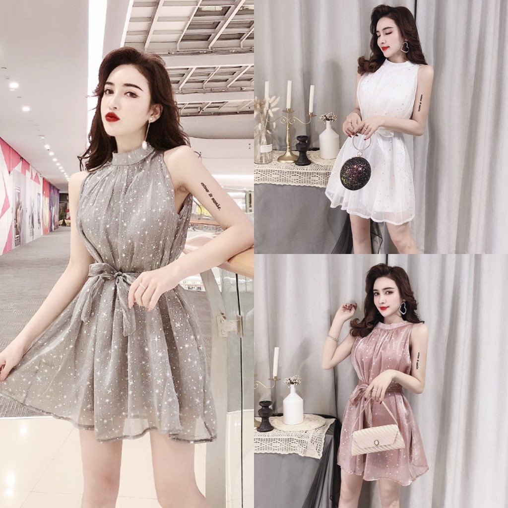 Korean🧧 ชุดเดรสแขนกุดคอสูง แต่งกลิตเตอร์ มีซับใน+โบว์ผูกเอว