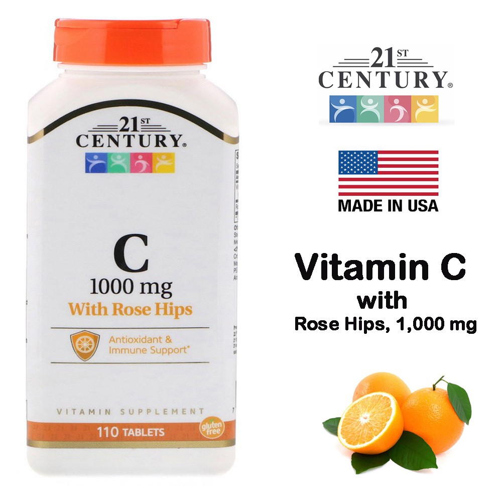 วิตามินซี 1000 มิลลิกรัม 21st Century, Vitamin C, with Rose Hips, 1000 mg, 110 เม็ด EXP; 04/24
