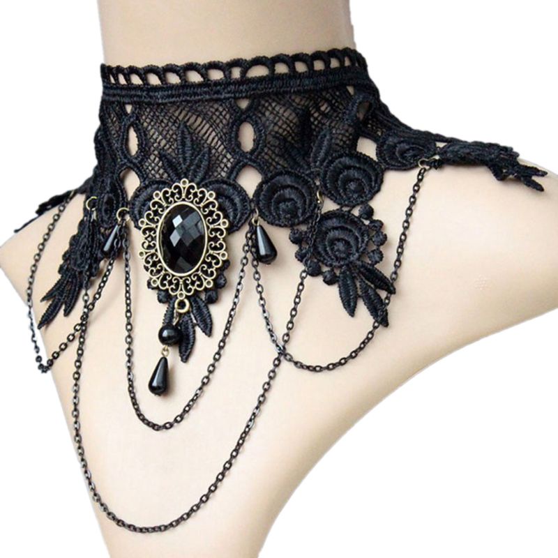 BDW Chokers Gothic คริสตัลสีดําลูกไม้คอ Steampunk สร้อยคอสําหรับฮาโลวีน
