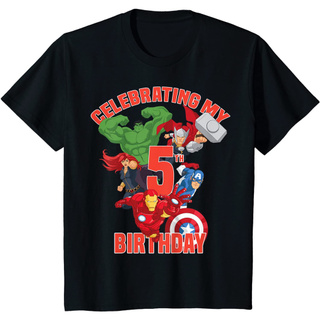 T-shirt  เสื้อยืดแขนสั้นลําลอง ผ้าฝ้าย ระบายอากาศได้ดี พิมพ์ลาย Marvel Avengers Celebrating My 5th Birthday สําหรับผู้ชา