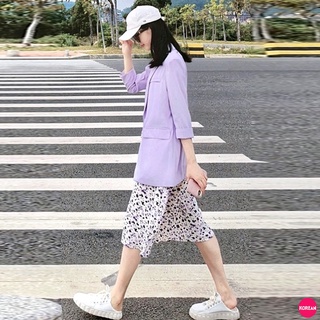 🎀Korean Fashion🎀ชุดเซ็ต ชุดเดรสยาวสายเดี่ยวสีขาวดอกม่วง กับเสื้อสูท 2 สี