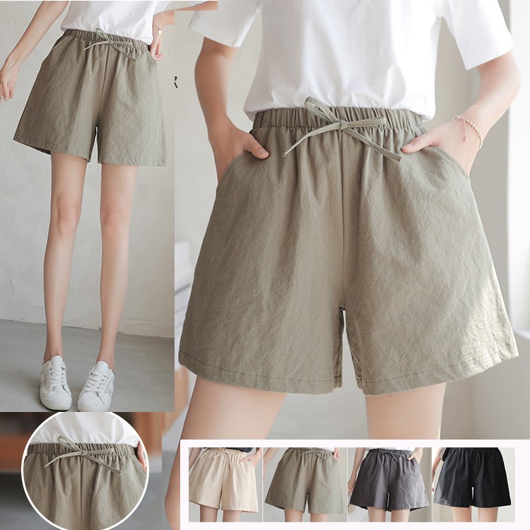 (M-XL) กางเกงขาสั้น เอวยางยืด ทรงขากว้าง ผ้าฝ้าย มีให้เลือก 4 สี # 7001