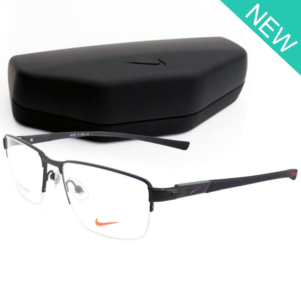 Nike Fashion แว่นตา สีดำโลโก้แดง กรอบเซาะร่อง ขาสปริง สแตนเลส สตีล (สำหรับตัดเลนส์) กรอบแว่นตา Eyewe