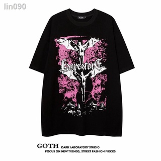 【ผ้าฝ้ายแท้】lin090GOTH Gothic tide ยุโรปและสหรัฐอเมริกา dark bat devil พิมพ์เสื้อยืดแขนสั้นผู้ชายและผู้หญิงแห่งชาติผัด s