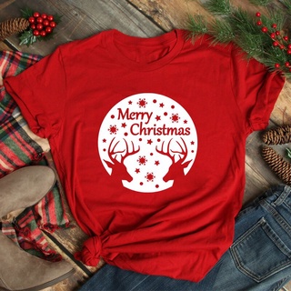 เสื้อยืดแขนสั้น พิมพ์ลายกราฟฟิค Merry Christmas Reindeer เหมาะกับหน้าหนาว สําหรับผู้หญิง