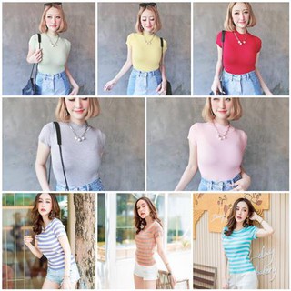 👚เสื้อไหมพรมแขนสั้น คอเต่า และคอกลม ทอลายริ้ว  ยืดหยุ่นมาก สาวอวบก็ใส่ได้