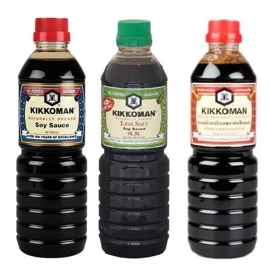 Kikkoman Soy Sauce 3 สูตร คิคโคแมน ซอสถั่วเหลือง สูตร Naturally , Less Salt และ Special Fragrance ขนาด 600 มล.