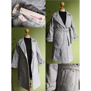 New !!! Bluejeans Strip Trench coat โค้ทตัวยาวลายทางสีเทายีนส์ๆ ผ้าวูลหนาหนักอุ่น บุซับในอย่างดี มีผ้าผูกเอว