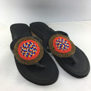 รองเท้าแตะหนังแท้(Maasai sandals, African sandals) ปักลูกปัดสีดำ ทอง แดง เหลือง ขาว ฟ้านำเข้าจากเคนย่า Size 39 ยาว 25 cm