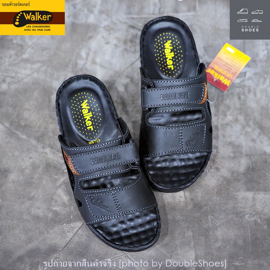 Walker รองเท้าแตะหนังแท้  พื้นนุ่ม งานเย็บ รุ่น WB723 สีดำ ไซส์ 40-46