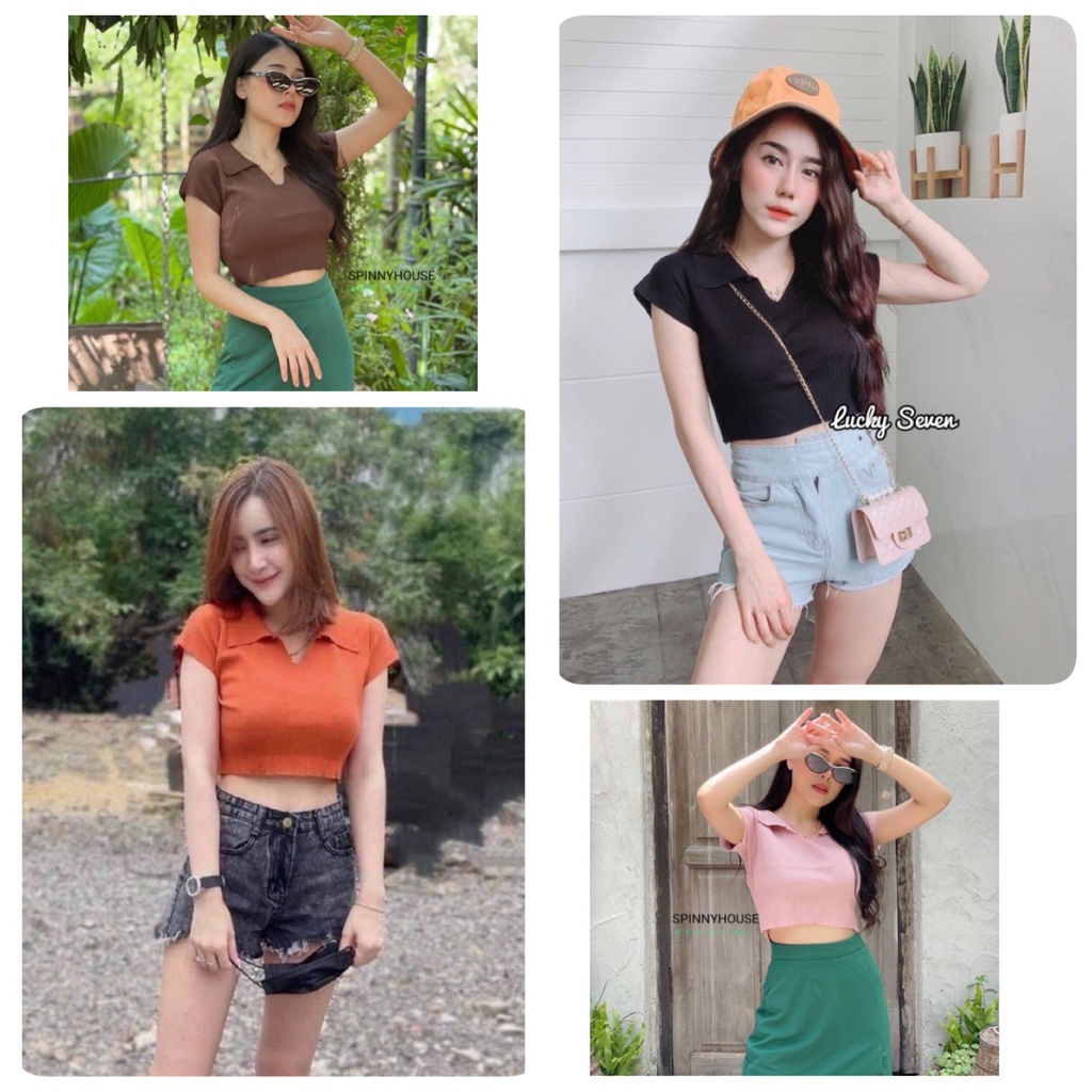 🫦CK99Shop🫦เสื้อโปโล ครอปท็อปทรงคอปก เว้าช้วงคอนิสๆ เสื้อน่ารักมาก