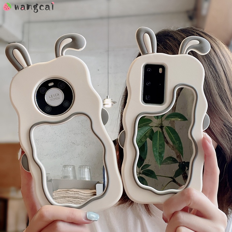 เคสโทรศัพท์มือถือ ซิลิโคนนิ่ม ลายการ์ตูนหูกระต่าย 3D พร้อมกระจกแต่งหน้า สําหรับ Huawei Honor 70 60 50 Pro Nova 10 9 7 5 P50 P40 Mate 40 30 Pro 6