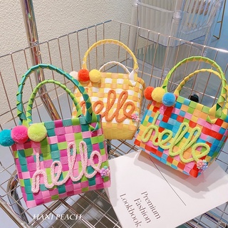 กระเป๋าสาน  งานHandmade กระเป๋าสานสีหวานตกแต่งปอมๆ น่ารักมาก ตะกร้าสาน