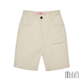 [MILIN] Bermuda Slit shorts High rise with belt hoops denim กางเกงยีนส์ขาสั้น Beige