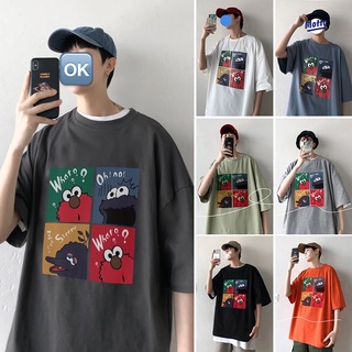 เสื้อยืดแขนสั้นลําลอง คอกลม ทรงหลวม ลายการ์ตูน Sesame Street พลัสไซซ์ สําหรับผู้ชาย ไซซ์ M-8XL