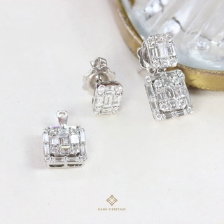 Gems Heritage : ต่างหูเพชรประกบทรง emerald cut เรือนทองคำขาว18k พร้อมใบรับประกัน (erwg255)