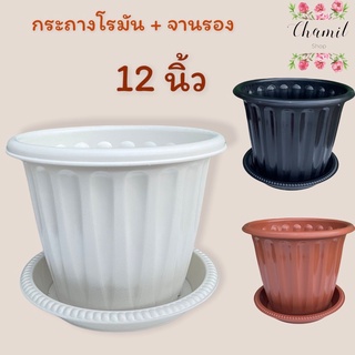 กระถางต้นไม้ 12 นิ้ว เซท 12 ใบ พร้อมจาน เซท 12 ใบ(โรมัน) กระถางต้นไม้พลาสติก สีส้มอิฐ สีเทา สีขาว สีดำ