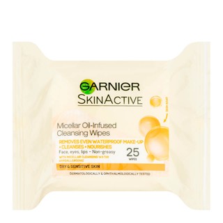 🌸พร้อมส่ง🌸Garnier Micellar Oil-Infused Cleansing Wipes for Dry&amp;Sensitive Skin 25 แผ่น