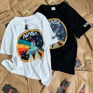 A.d.khal เสื้อยืดคอกลม แขนสั้น ผ้าฝ้ายแท้ พิมพ์ลายจรวด nasa ทรงหลวม สไตล์เรโทร แฟชั่นฤดูใบไม้ผลิ และฤดูร้อน