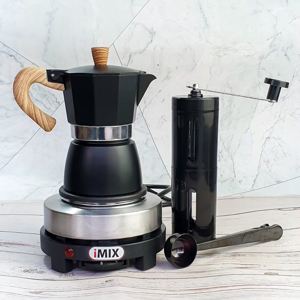ชุด moka pot 4 ชิ้น เตาไฟฟ้า imix+3c(แถมกระดาษกรอง)+ที่บดกาแแฟมือหมุน (สแตนเลส)+ช้อน 2in1 หม้อต้มกาแฟ espresso