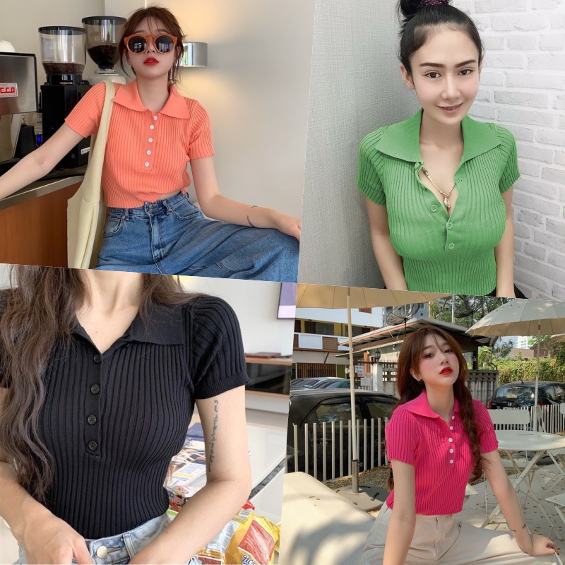 🌈SpinnyHouse🌈 เสื้อครอปเกาหลี เสื้อไหมพรมคอปก แต่งกระดุมหน้า กระดุม  5 เม็ด